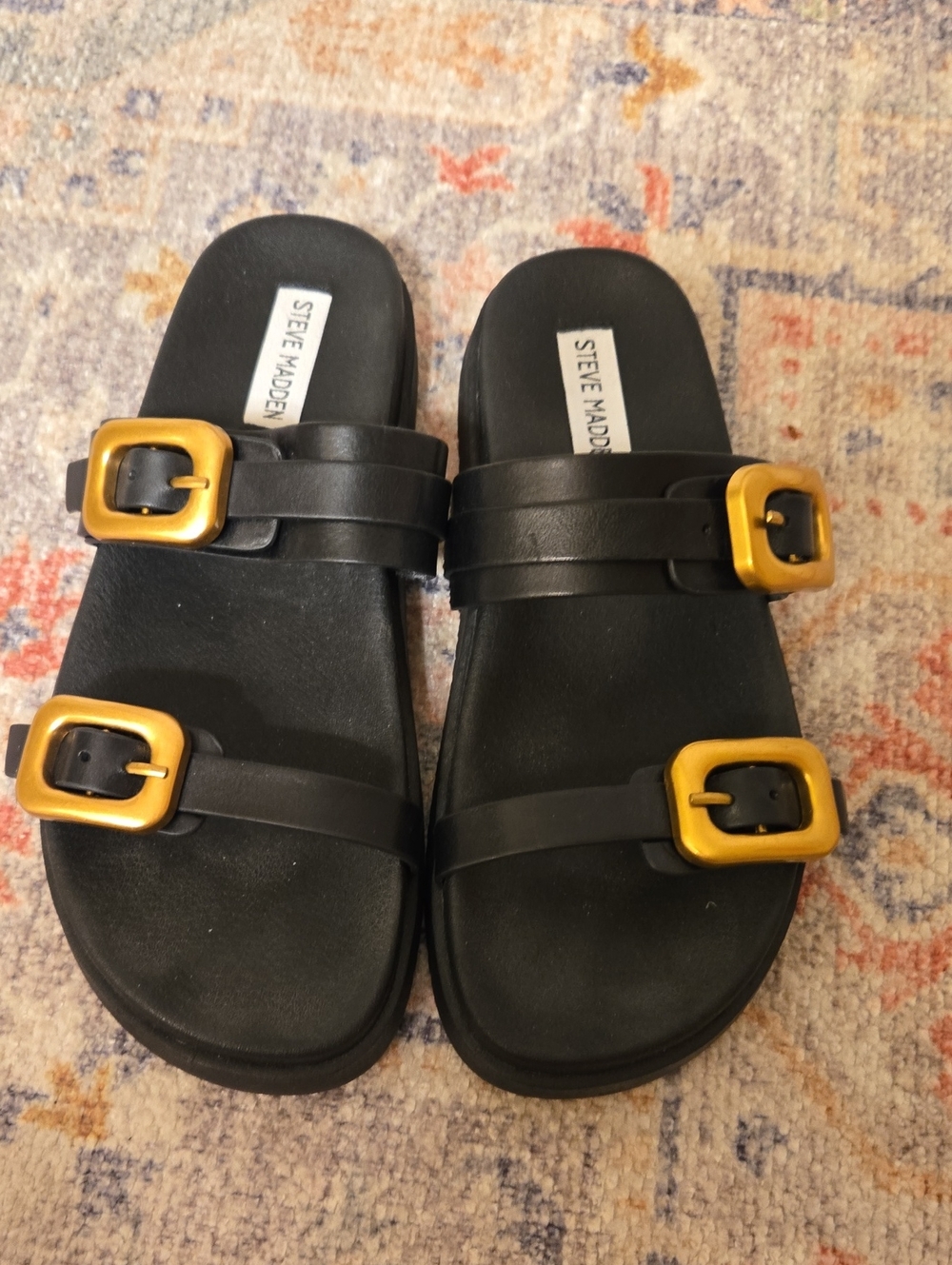 Steve Madden Leather Black Slide Sandals with Gold Buckles